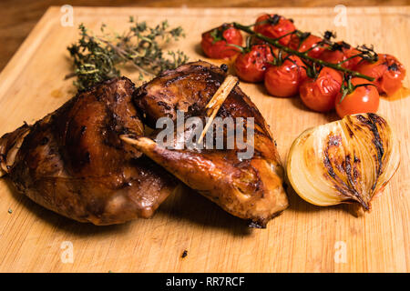 Pan roasted rabbit garnished with grilled vegetables Stock Photo