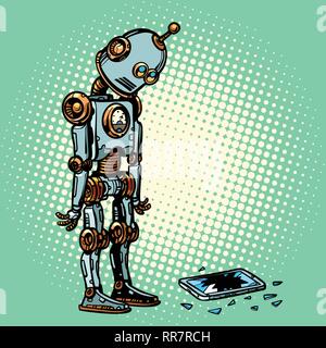 Robot and broken phone screen. Pop art retro vector illustration vintage kitsch Stock Vector