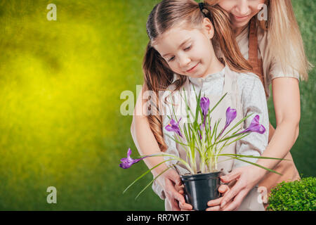 woman and child holding flower pot with blossoming crocus on blurred background, earth day concept Stock Photo
