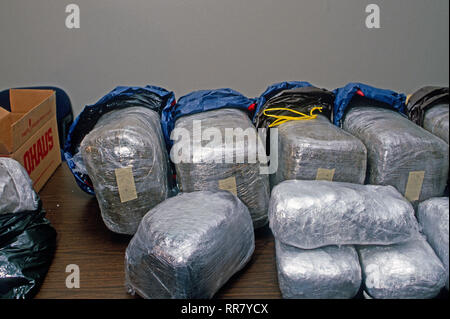 Palmer Park, Maryland, USA, 1989 Prince Georges County Police display the 400 plus pounds of marijuana seized in a raid on one drug dealers apartment in the county. Stock Photo