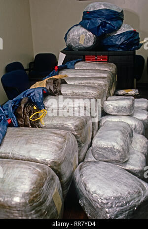 Palmer Park, Maryland, USA, 1989 Prince Georges County Police display the 400 plus pounds of marijuana seized in a raid on one drug dealers apartment in the county. Stock Photo