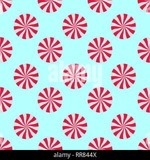 Peppermints Candies Cream Seamless Vector Pattern. Red and White Swirls Isolated on blue background. Christmas Candy Illustration Stock Vector