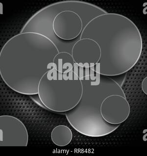 Grey circles on dark perforated background. Vector tech design Stock Vector