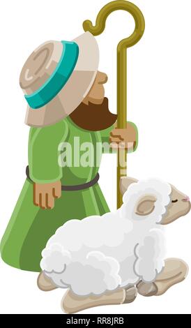 Cartoon Traditional Shepherd and Sheep or Lamb Stock Vector