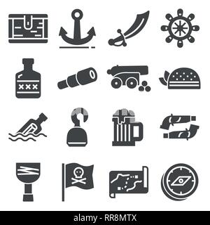 pirates icons set sabre, hook,, old ship, spyglass, treasure chest cannon anchor rudder map barrel rum Stock Vector