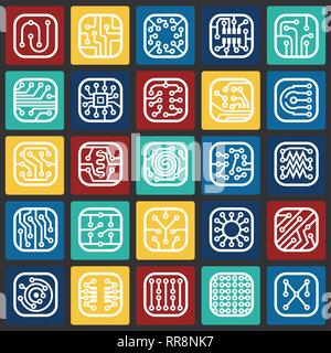 Electronic circuit icons set on color squares background for graphic and web design, Modern simple vector sign. Internet concept. Trendy symbol for we Stock Vector