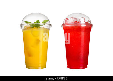 Delicious fruit smoothies in plastic cups, on a white background. Two cocktails. Isolated. Stock Photo