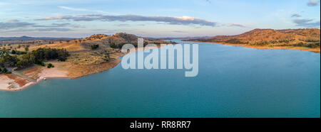 Aerial panorama of Murray River and Lake Hume at sunset with copy space
