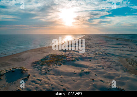 Aerial view of Birubi and Stockton beaches at sunset. Anna Bay, New South Wales, Australia Stock Photo