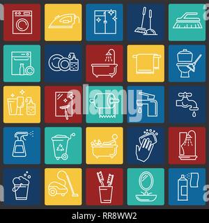 Cleaning icon set on color squares background for graphic and web design, Modern simple vector sign. Internet concept. Trendy symbol for website design web button or mobile app. Stock Vector