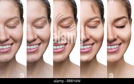 Collage of woman applying makeup step by step. Stock Photo