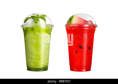 Delicious fruit smoothies in plastic cups, on a white background. Two cocktails with different flavors. Isolated. Stock Photo