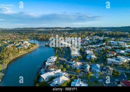 Aerial landscape of Reedy creek and luxury houses. Varsity Lakes, Gold Coast, Queensland, Australia Stock Photo