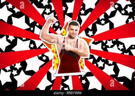 Сontemporary portrait a young man in   red wrestling tights posing  on a red-black background with elements of a collage. Sports concept on the of com Stock Photo