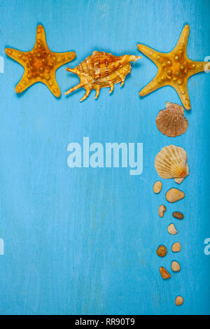 Border of seashells, starfish and sea pebbles on a blue wooden background. Stock Photo