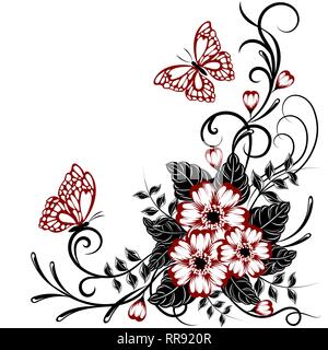 Beautiful floral background with butterflies in red and black colors with place for your text Stock Vector