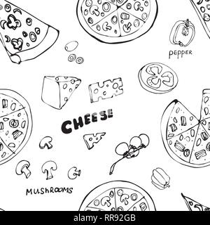 Seamless pattern with hand drawn pizza slices. Stock Vector