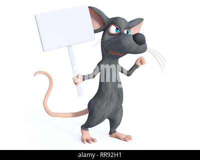 3D rendering of a cute cartoon mouse holding a blank sign and looking upset while marching and protesting. White background. Stock Photo