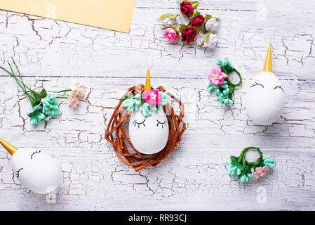 Eggs in shape of unicorn. Step by step. Stock Photo