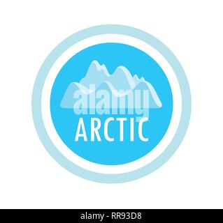 Round vector emblem with ice mountains and arctic caption. Badge for travel, camping, recreation or climbing company. Logo illustration for banners, s Stock Vector