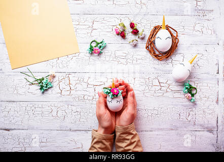 Eggs in shape of unicorn. Step by step. Stock Photo