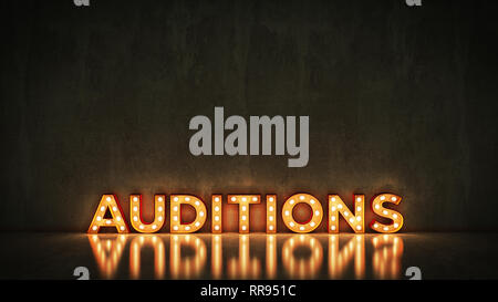 Neon Sign on Brick Wall background - Auditions. 3d rendering Stock Photo