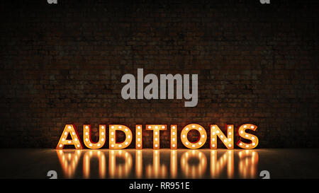 Neon Sign on Brick Wall background - Auditions. 3d rendering Stock Photo