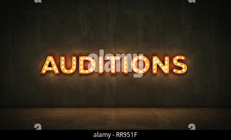 Neon Sign on Brick Wall background - Auditions. 3d rendering Stock Photo