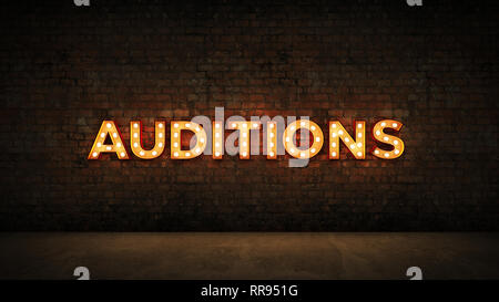 Neon Sign on Brick Wall background - Auditions. 3d rendering Stock Photo