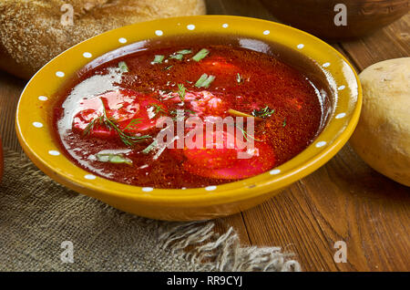 Holodnik , Russian traditional Cold soups , assorted dishes, Top view.Cold borscht Stock Photo