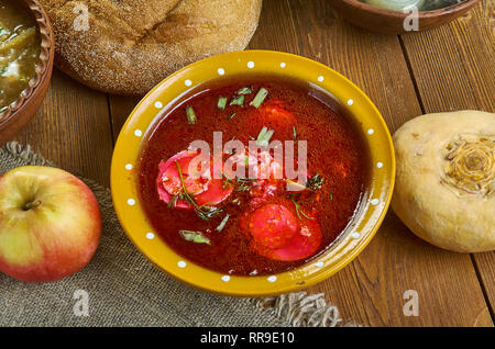 Holodnik , Russian traditional Cold soups , assorted dishes, Top view.Cold borscht Stock Photo