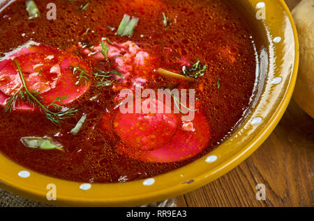 Holodnik , Russian traditional Cold soups , assorted dishes, Top view.Cold borscht Stock Photo