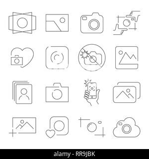 Camera icons on white background. Contains such as no flash, camera focus, photos, camera and other. Vector illustration. Editable Stroke. EPS 10 Stock Vector