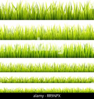 Fresh and green spring grass sprouts and herbal growth seamless banners. Springtime lawn panorama in a sunlight. Foliage lines for website footers and Stock Vector