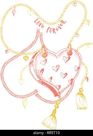 Lovely print with gold chains, sea cord and ornaments in the form of leaves and hearts. For fashionable textile design and printing on T-shirts, sweat Stock Vector