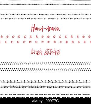 Set of hand-drawn sewing needle seam brushes in vintage art style isolated on white background Imitation of a manual stitch on leather belt Stock Vector