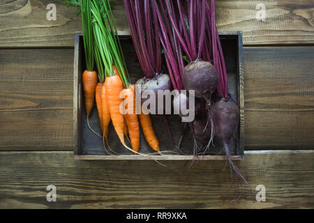 Harvest fresh vegetables from on old wooden board. Top view, rustic style. Autumn still life. Copy space. Stock Photo