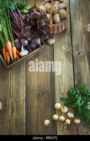 Fall harvest. Fresh vegetable, carrot, beetroot, onion, garlic on old wooden table. Top view. Rustic style Copy space Stock Photo