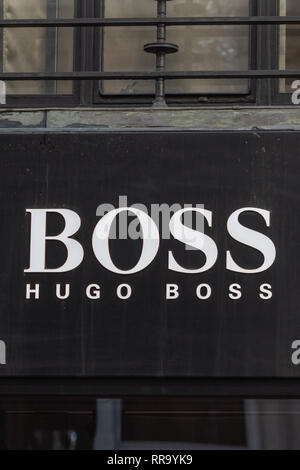 London, UK - 17, December 2018: Close up of the Hugo Boss logo above the store in London, UK Stock Photo