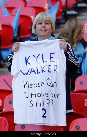 London, UK. 24th Feb, 2019. Manchester City fans hoping for Kyle Walker of Manchester City's shirt during the EFL Carabao Cup Final between Chelsea and Manchester City at Wembley Stadium, London, England on 24 February 2019. Photo by Carlton Myrie. Editorial use only, license required for commercial use. No use in betting, games or a single club/league/player publications. Credit: UK Sports Pics Ltd/Alamy Live News Stock Photo