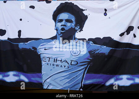 London, UK. 24th Feb, 2019. Manchester City fans display a banner with Leroy SanŽ of Manchester City on it during the EFL Carabao Cup Final between Chelsea and Manchester City at Wembley Stadium, London, England on 24 February 2019. Photo by Carlton Myrie. Editorial use only, license required for commercial use. No use in betting, games or a single club/league/player publications. Credit: UK Sports Pics Ltd/Alamy Live News Stock Photo