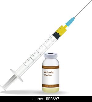 Immunization, Varicella Vaccine Syringe With Yellow Vaccine, Vial Of Medicine Isolated On A White Background. Vector Illustration. Stock Vector