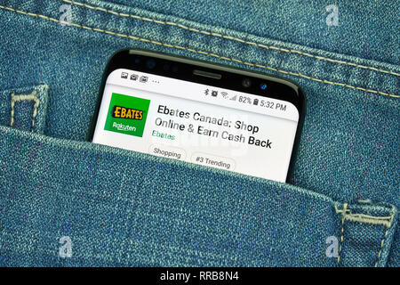 MONTREAL, CANADA - December 23, 2018: Ebates logo and android app on Samsung s8 screen. Ebates Canada is an American cashback service headquartered in Stock Photo