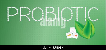 Word Probiotic On A Green Background. Probiotic Capsules For Health. Isolated On A Background. Vector Illustration. Stock Vector