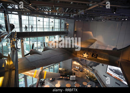 View of WWII warplanes displayed inside the National World War Two Museum in the Warehouse District of New Orleans, Louisiana, USA. Stock Photo