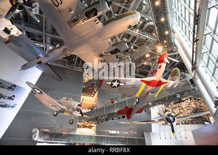 View of WWII warplanes displayed inside the National World War Two Museum in the Warehouse District of New Orleans, Louisiana, USA. Stock Photo