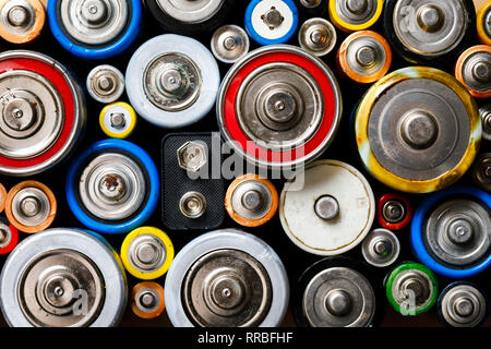 Dumped used Alkaline batteries of various types (C AA AAA D 9V) ready for recycling - toxic waste and environmental issues concept Stock Photo