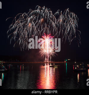 Fireworks going off at the National Firework Championships on Mount Batten in Plymouth, Devon. Stock Photo