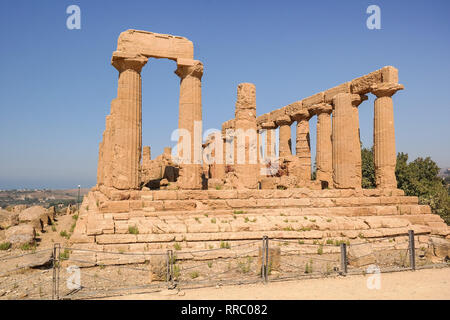 Archaeological Park Valley of the Temples in Agrigento, Sicily, Italy. Ancient ruins with columns by Temple of Juno(Hera Lacinia) or Tempio di Giunone Stock Photo