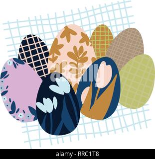 Colorful Easter Eggs Doodle Set Decorations. Spring Flowers. Bright Colors. Great for postcard, fabric, holiday ideas Stock Vector